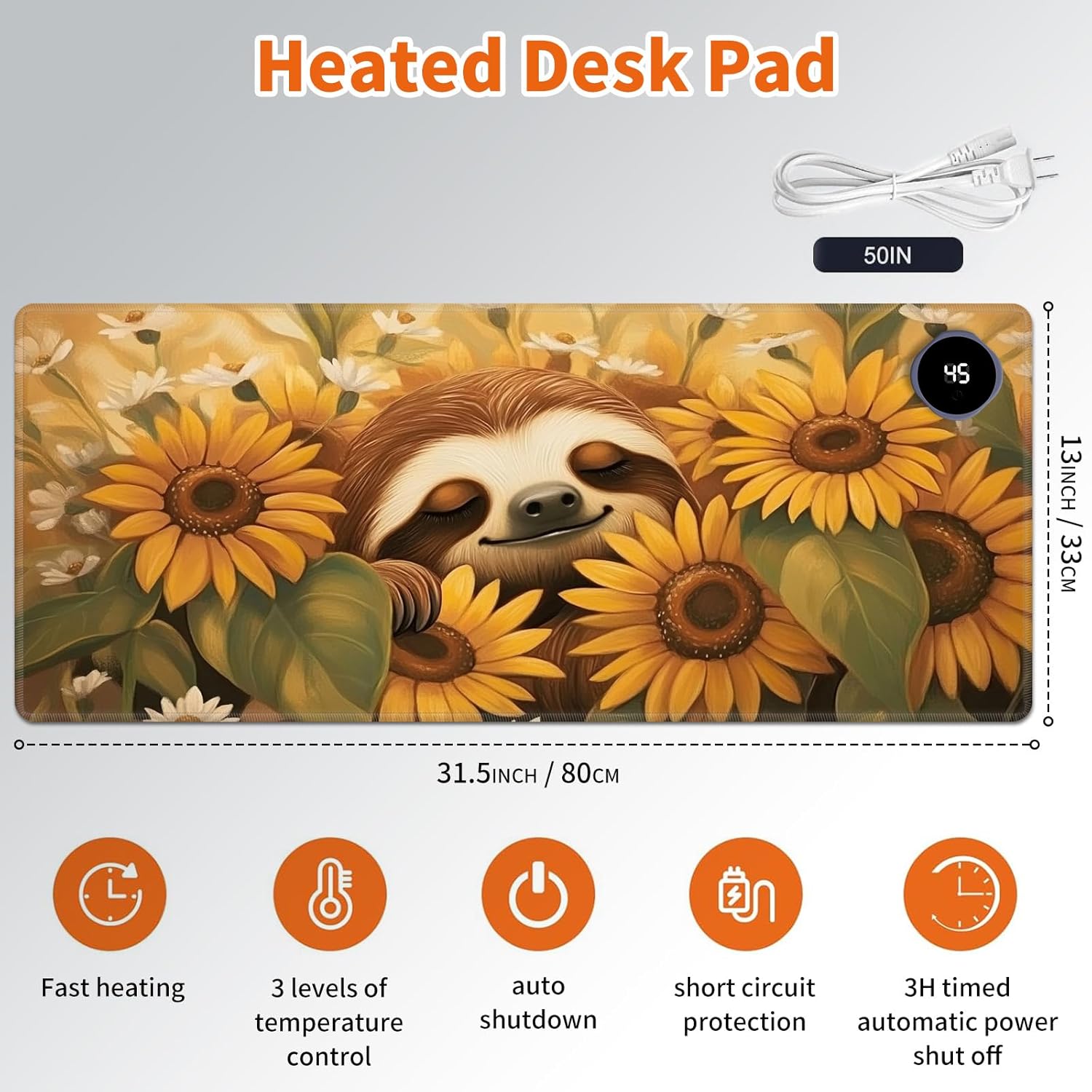Heated Mouse Pad,Warm Desk Pad with 3 Levels Heating & 3 Hours Auto Shut-Off, PU Leather Heated Desk Pad Warmer Pad for Home Office - 31.5 x 13 inch,Lovely Sloth