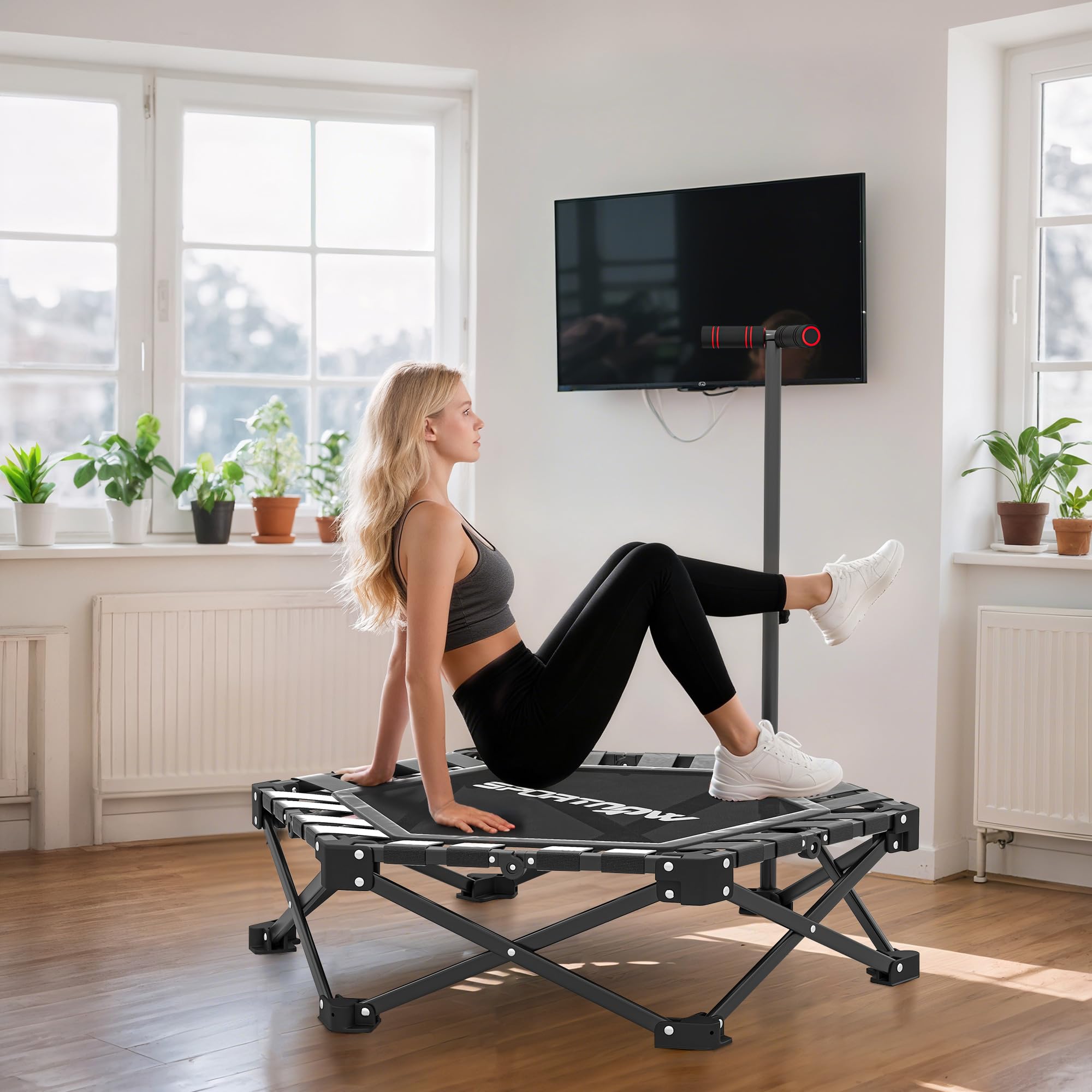 SPORTNOW Trampolino fitness pieghevole, Ø 104 cm, mini trampolino con meccanismo di piegatura rapida, 3 posizioni, regolabile in altezza, borsa di trasporto, trampolino, 120 kg, per interni ed esterni