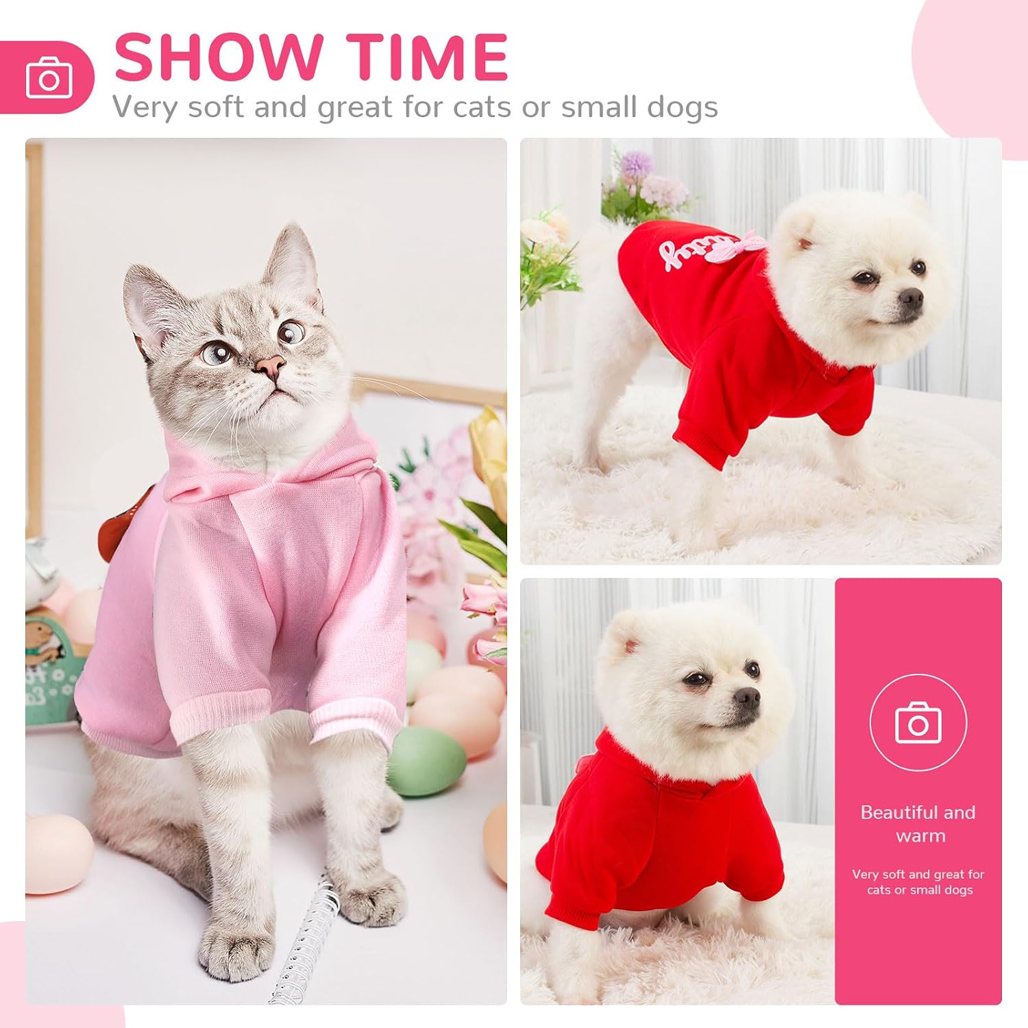 BAEMJK 2 Pack Small Dog Hoodie Bowtie Cute Girl Dog Clothes with Leash Hole Soft Warm Pet Puppy Cats Sweatshirt Sweaters Fall Winter Pet Cats Coat Outfits(Pink+Red,Large) image 3