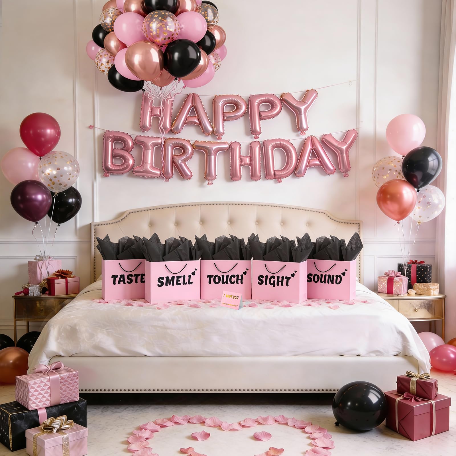 5 Senses Gift Bags for Him with Labels, 12.6"x 9.8"x 4.2" Gift Bag Tissue Paper Happy Birthday Decorations Kit with Banner, Balloons, Rose Petals, Card for Men, Women, Wedding, Valentine's Day