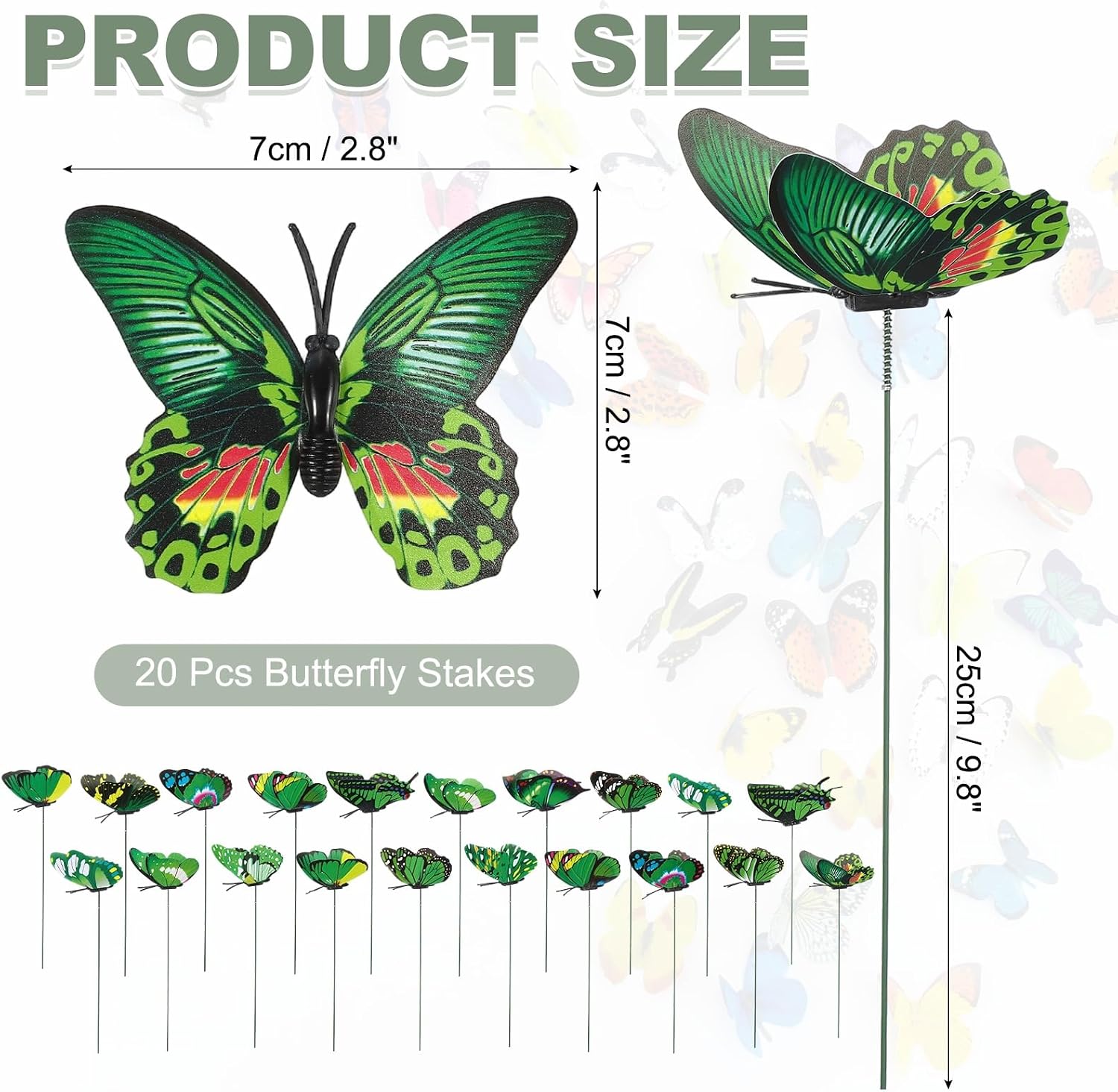 MECCANIXITY 20pcs Butterfly Stakes, 7cm Butterfly Garden Decoration PVC Waterproof Artificial Butterflies Stick Plant Stakes for Indoor Outdoor Christmas Yard Decor, Green