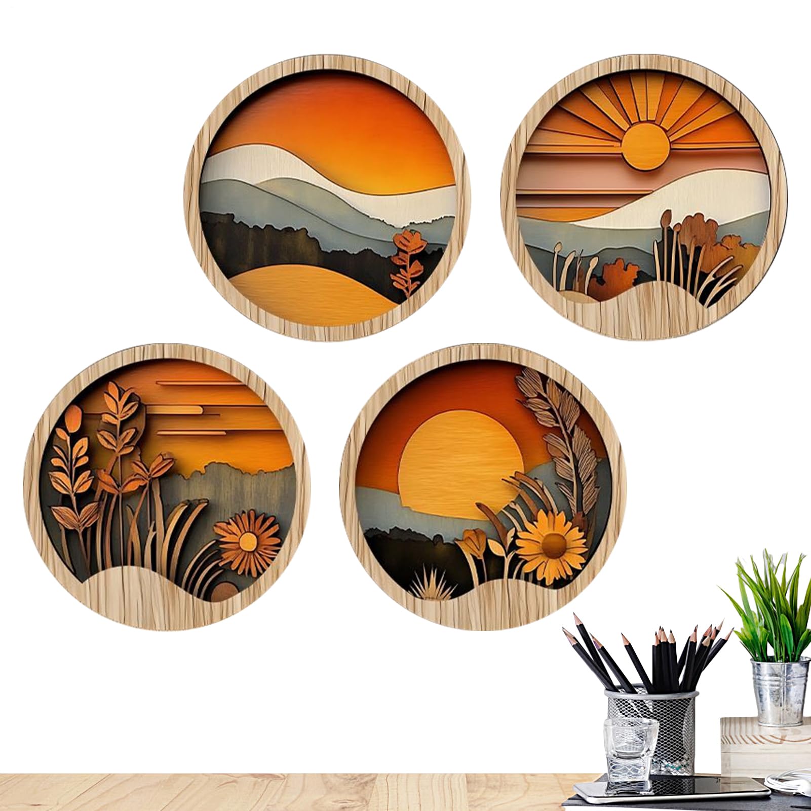 Arte da parete Boemia per soggiorno, decorazione da parete in stile bohemien, per camera da letto, 4 quadri rotondi geometrici in legno rustico, per appartamento, casa di campagna, ingresso