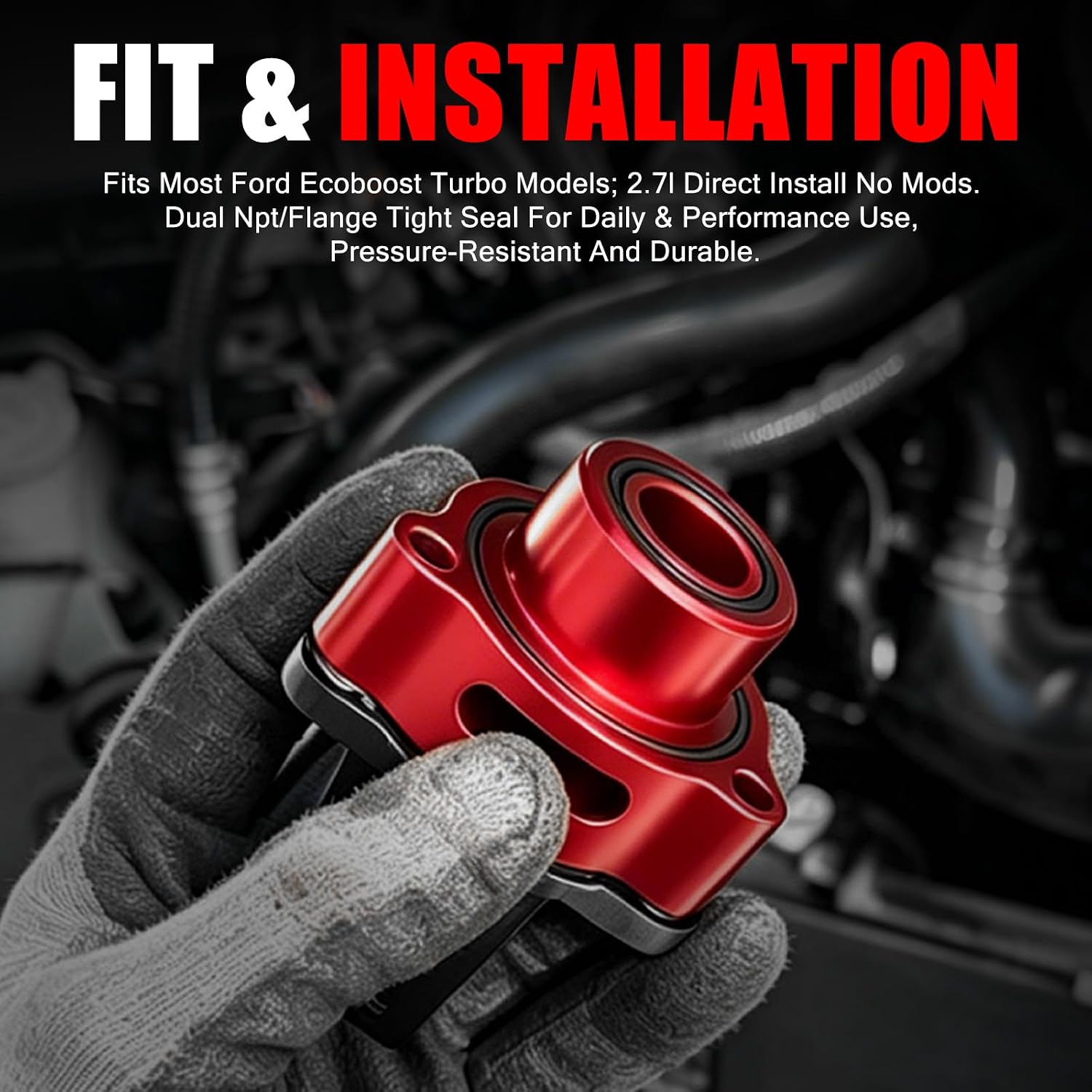 Blow Off Valve Adapter BOV, Metal BOV Adapter with NPT Flange, Black & Red Finish. For Ford Fiesta, Mustang, Fusion, Edge, Escape, Transit, Bronco, Ranger, Explorer ST 1.5–2.7L EcoBoost Turbo (2019+).
