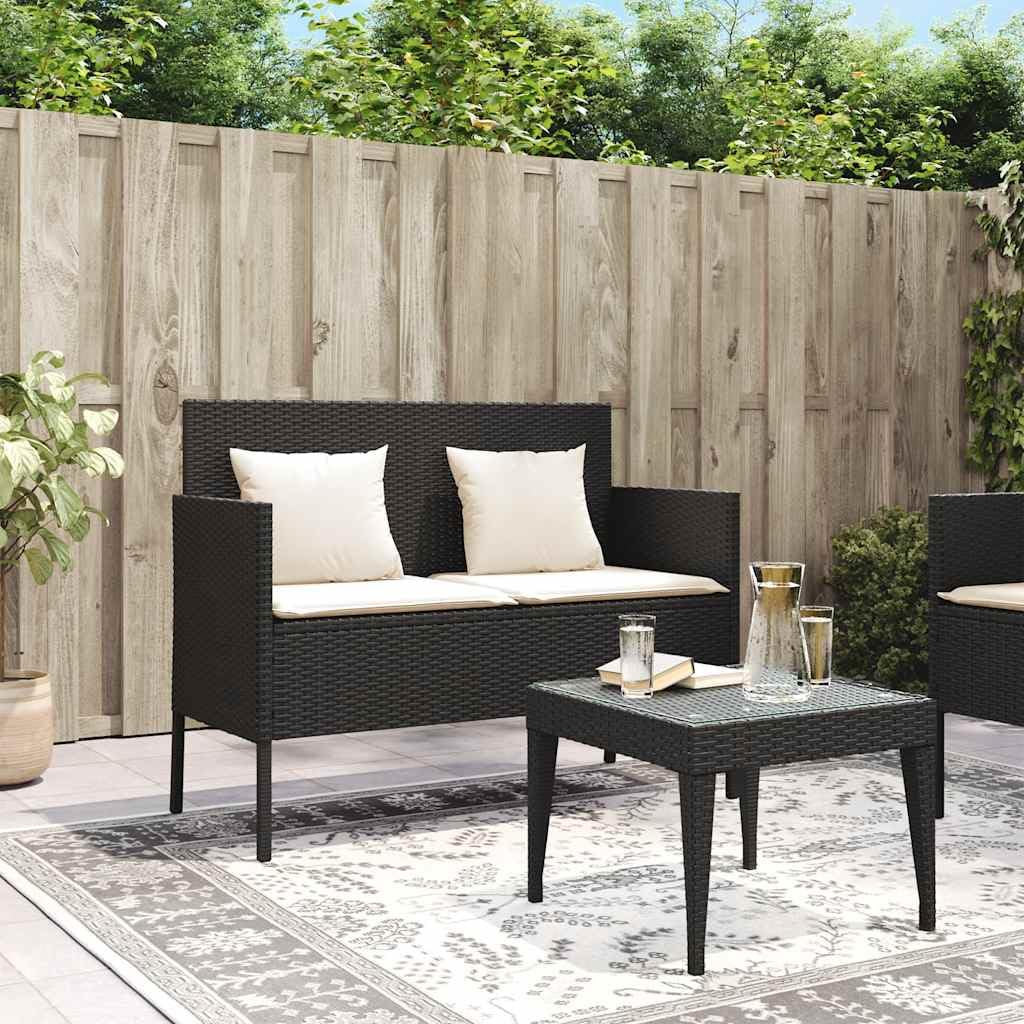 SYDE Banco de Jardín Ratán Sintético Negro con Almacenamiento | Asiento Exterior con Cojín Acolchado, Bolsa Impermeable, Apertura Segura con Resorte de Gas
