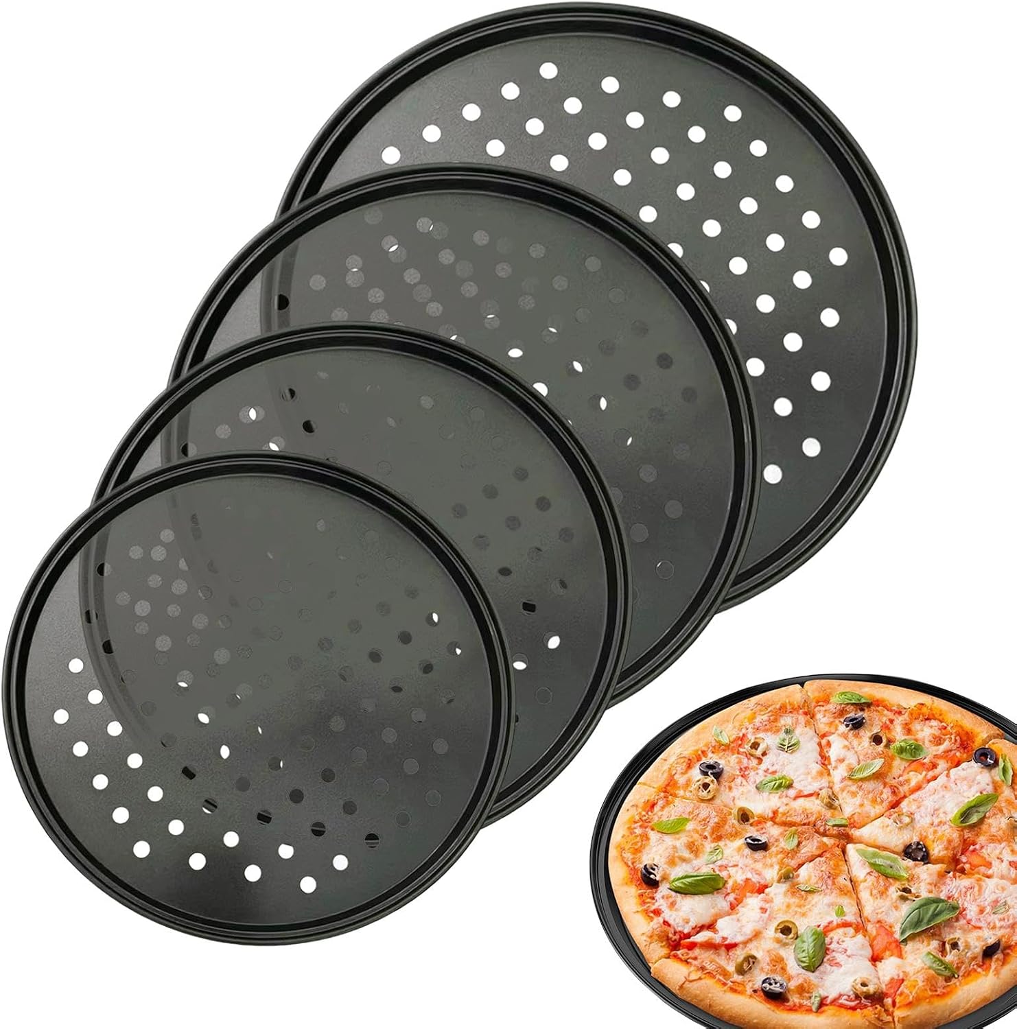 Non Stick Pizza Pan, 4 Pack Round Baking Tray Set, Compact Carbon Steel Bakeware For Even Heating Crispy Crust Pizza, Oven Safe Kitchen Cooking Tray For Home Dorm Travel Use
