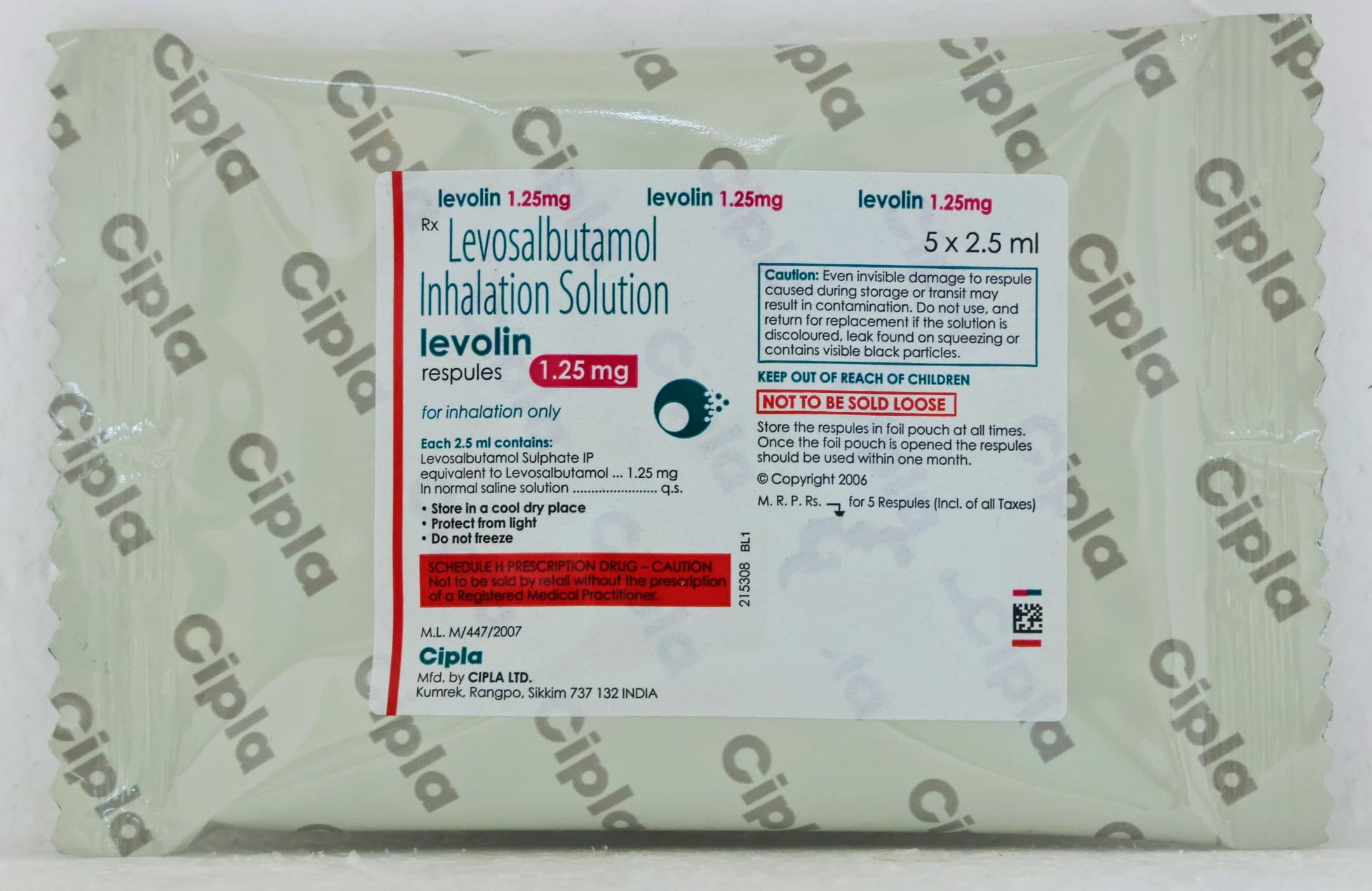 Levolin 1.25 mg - Sachet of 2.5 ml Respules