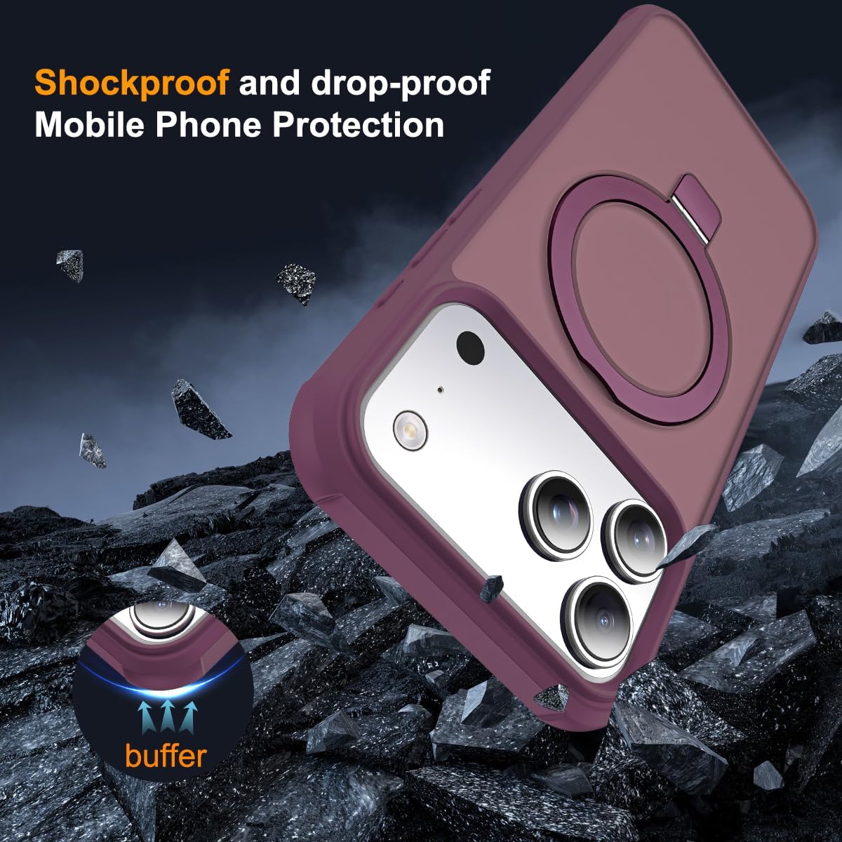 Compatible with iPhone 17 Pro Case with Invisible Magnetic O-Ring Stand Military-Grade Translucent Phone Case for iPhone 17 Pro 6.3" [Compatible with Mag-Safe][Great Grip Feeling], Wine Red - Image 7