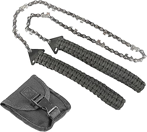 Motosierra de bolsillo con mango de paracaídas de 24 pulgadas, 11 dientes, sierra de mano, equipo de supervivencia al aire libre, alambre de cadena