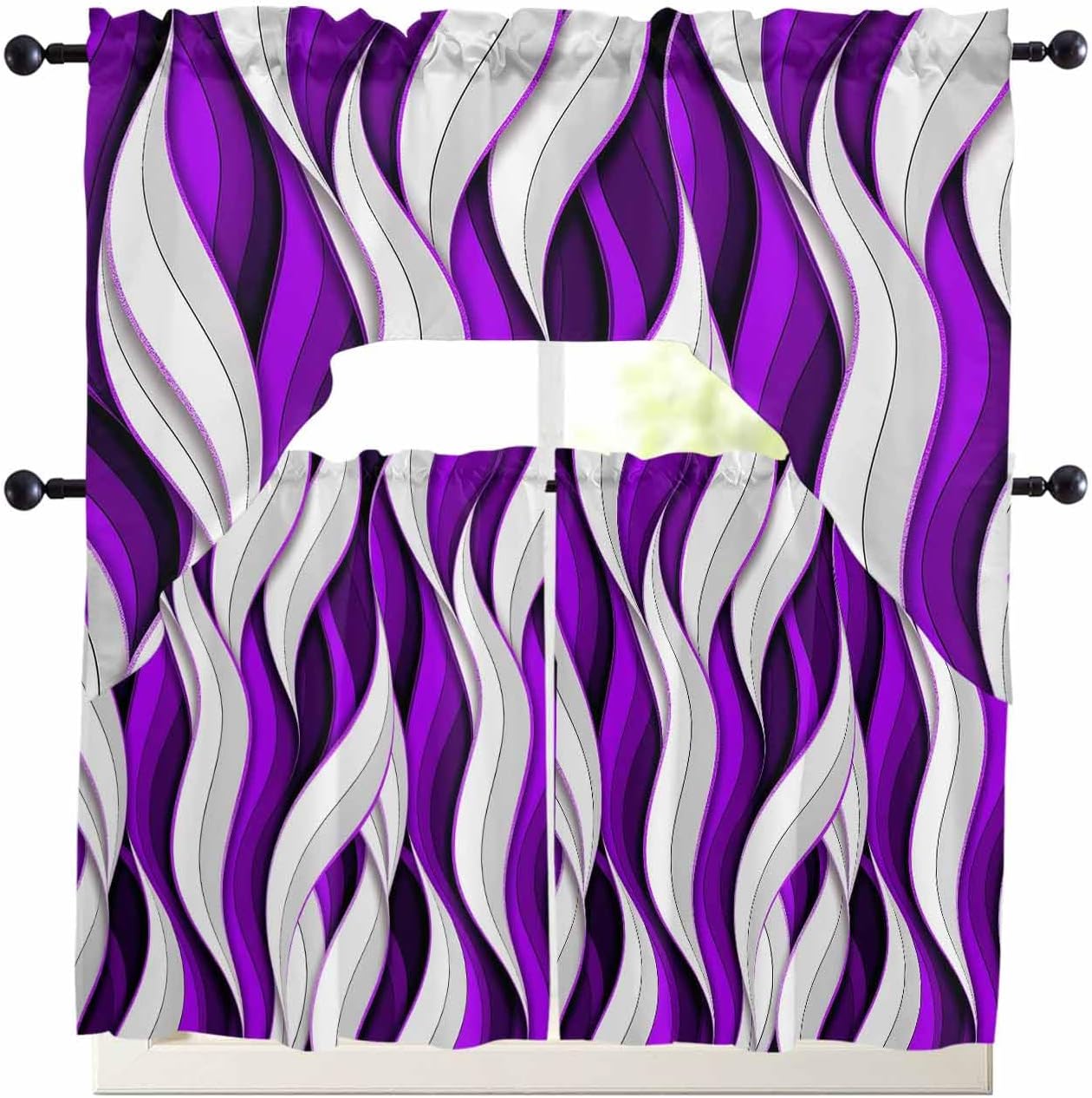 Modern Purple Swag Kitchen Curtain Sets with Valance,3 Pieces Rod Pocket Curtain Drapes for Bedroom Bathroom Cafe Windows,Geometric Stripes Abstract Grey White 56''x36''&36''x27.5''x2Panels