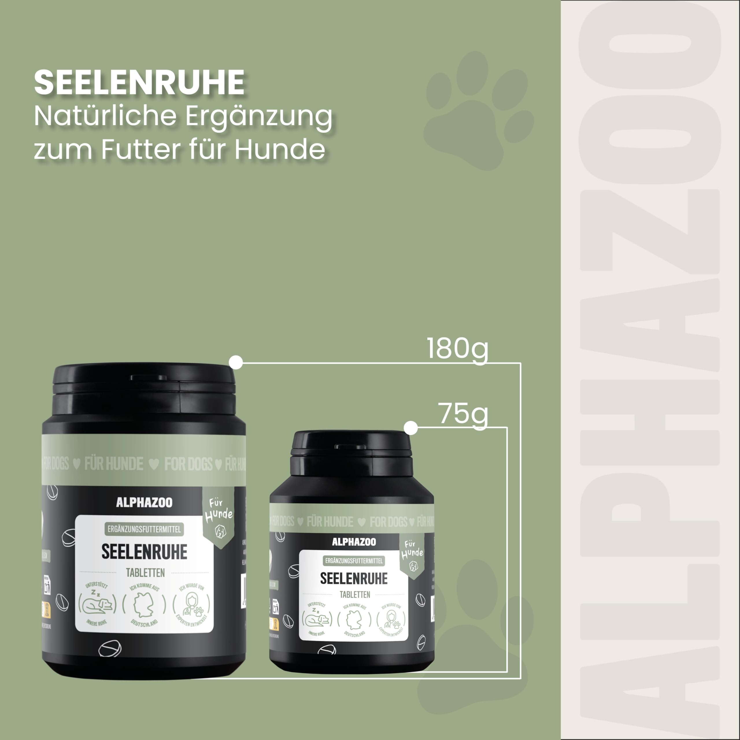 alphazoo Seelenruhe Tabletten für Hunde 180g - Ergänzungsfuttermittel mit Baldrian Melisse Hopfen - mit Hanföl & Taigawurzel - ohne künstliche Zusätze - für Gewitter Silvester Autofahrt