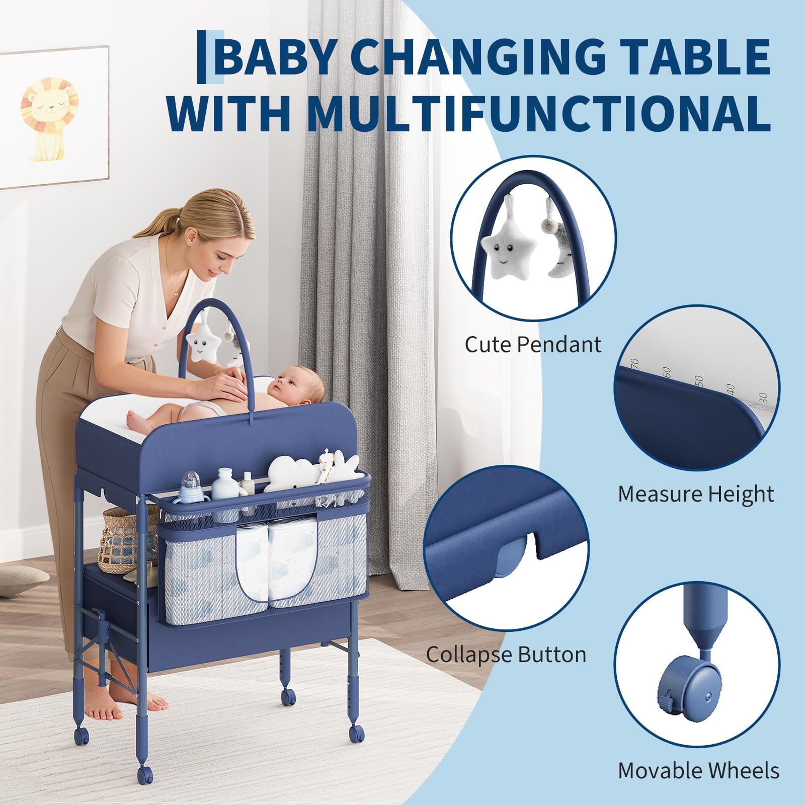 Fasciatoio Portatile E Pieghevole, Stazione Portatile, Altezza Regolabile, Materasso Impermeabile, Cassetti Di Conservazione Per Neonato E Neonato,Blu