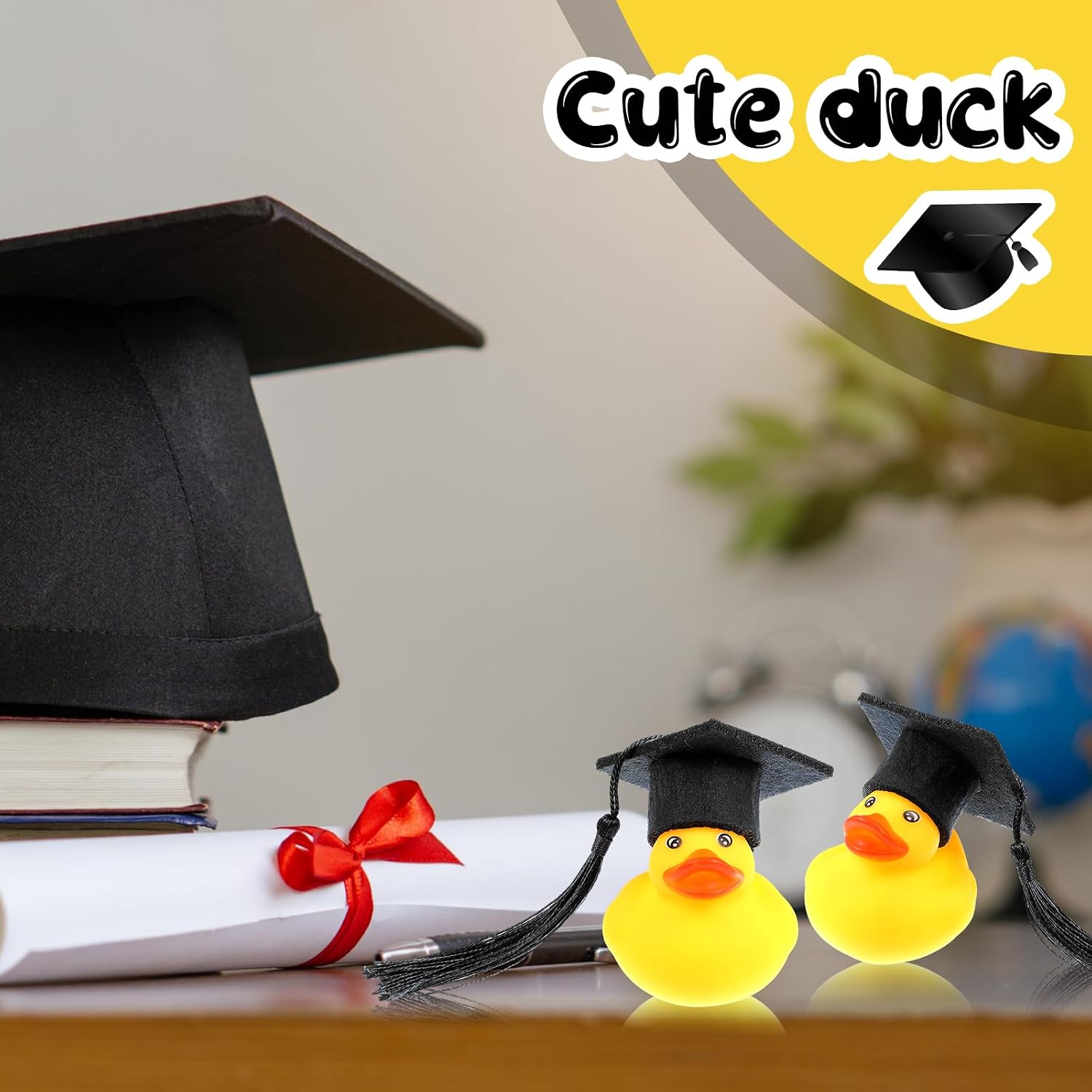Lenwen 24 Pcs Graduation Rubber Ducks with Grad Cap Mini Rubber Duckies Gifts Bulk for Graduation Party Favors Decoration (Black Grad Hat)