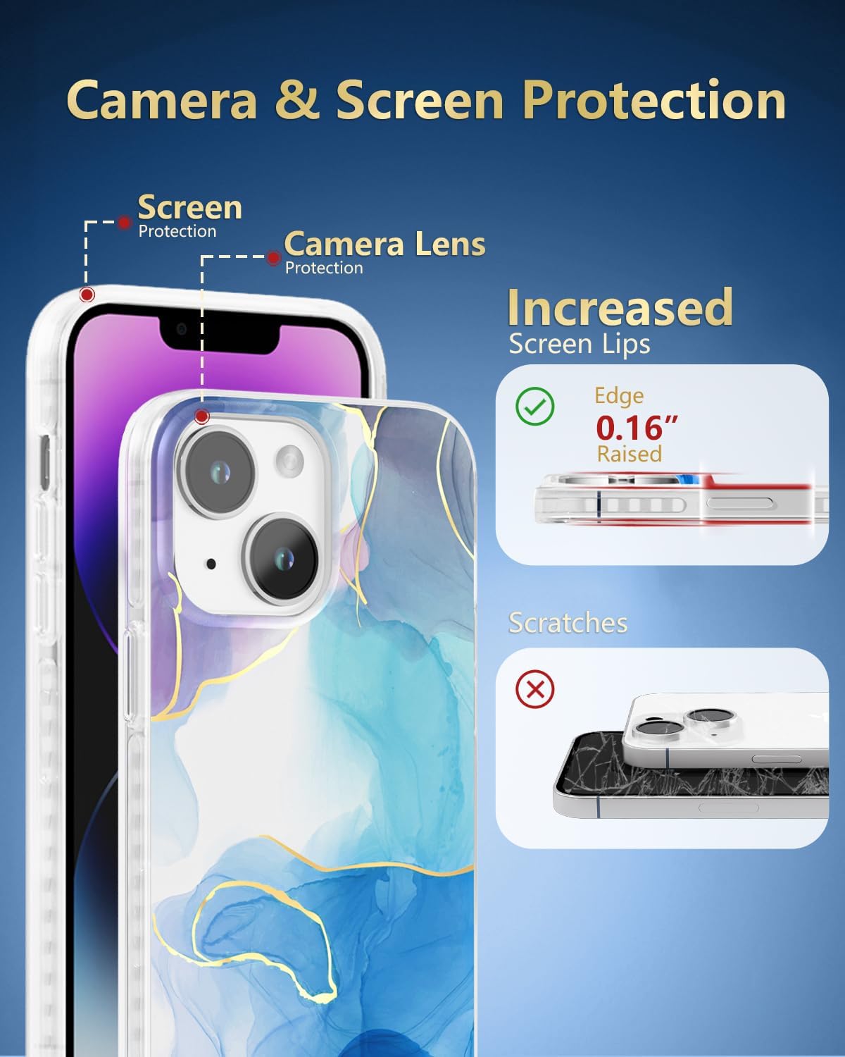 SCORPIFY for iPhone 14 Case [Compatible with MagSafe] with Dense Ocean Marble Design, Cute Magnetic Phone Cover for Women Girls, [Non Yellowing] Slim Aesthetic Bumper with Gold Accents