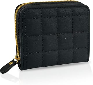 Ladies Purse Wallet, PU Leather Purse with Zipper, Lady Credit Card Holder with Multiple Card Slots and Compartments, Solid Color Wallet with Embroidery Pattern for Women, Girls (Black)
