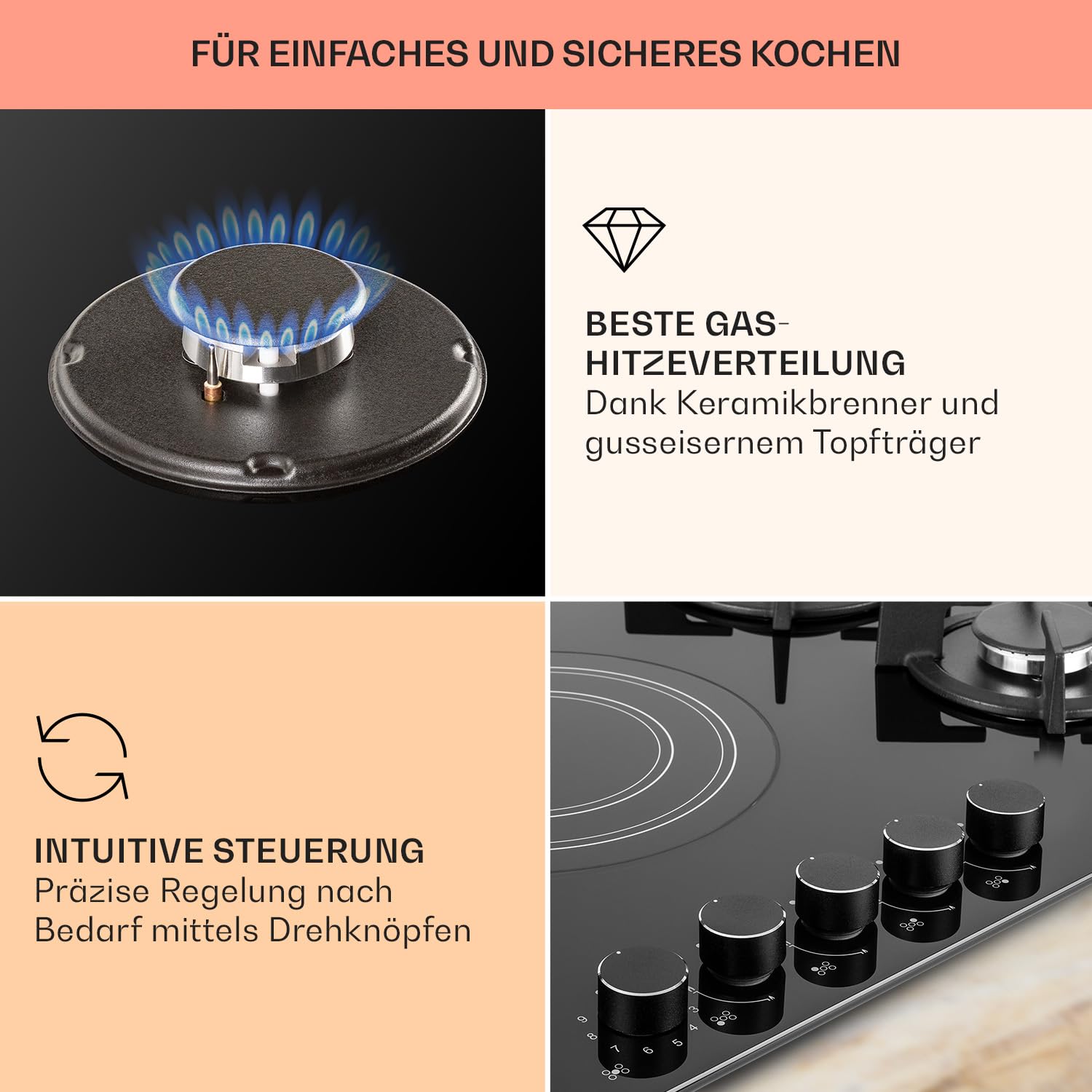 Klarstein Gaskocher 4-Flammig und 1 Glaskeramik Kochfeld, 9,2 kW Einbau-Gaskocher für Innenbereich, Edelstahl-Gaskocher für Wohnmobil, 4-Flammiger Gaskocher, Moderner Einbau Gasherd, Gas Herd