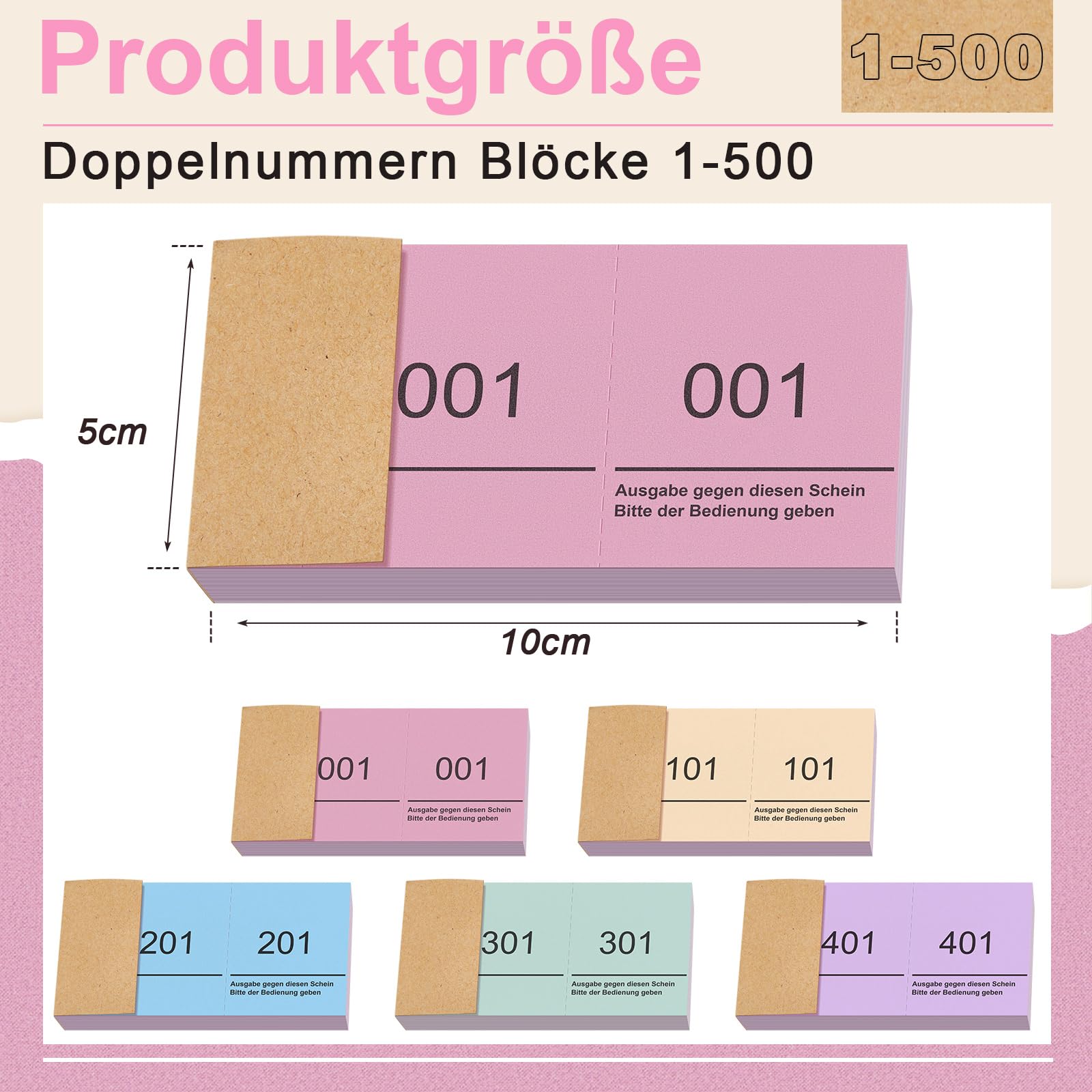 Nezyo Blocs Numérotés de Paquet de 5 Blocs Vendeurs 100 Feuillets Numérotés de 1 à 500 Doubles Numérotés Billet Vestiaire 10 cm X 5 cm pour Kermesse, Loterie(Couleur Simple,5)