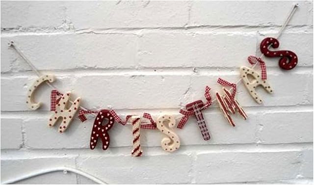 70cm Vintage Country Style Tartan Red & Cream Wooden Christmas Garland Banner Gingham Ribbon Hanging Xmas Home Wall Decorations