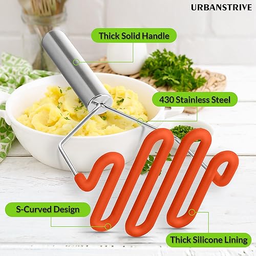 Miniatura 17 de Urbanstrive Herramienta de cocina de silicona antiarañazos, triturador de patatas, triturador de patatas, de acero inoxidable, envuelto en silicona