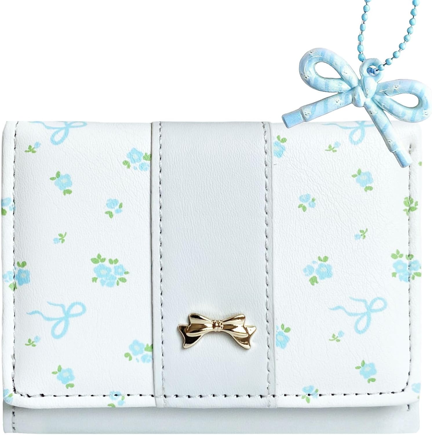 Girls Wallet Cute Bow Coquette Floral Small Kawaii for Women Aesthetic ID Window for Ladies (Blue)