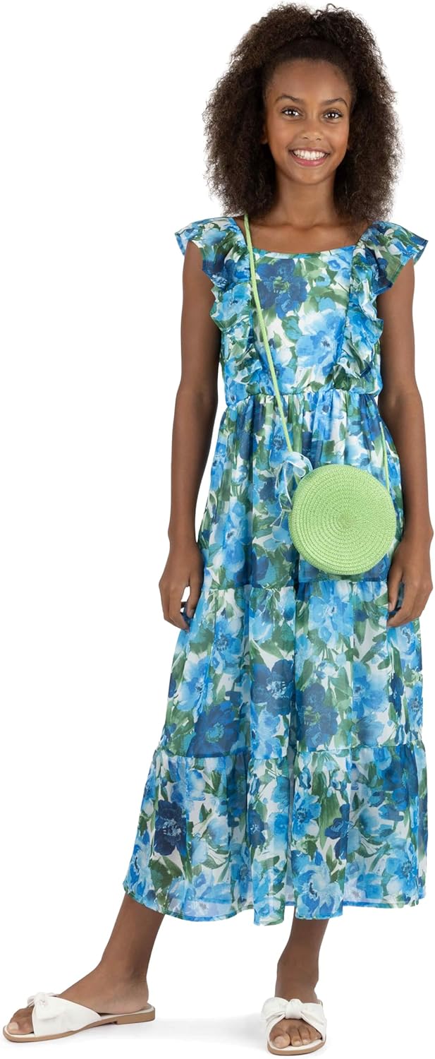 Speechless Girls' Sleeveless Floral Print Chiffon Ruffle Strap Tiered Maxi Dress with Purse