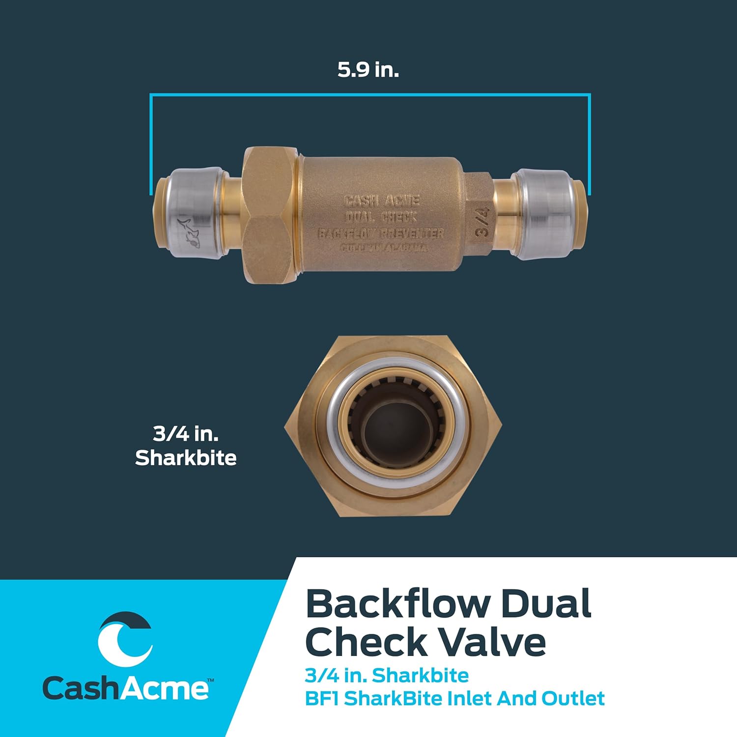Cash Acme BF1 Dual Check Valve, 3/4 Inch Push to Connect, Compatible with SharkBite, BF13434SB