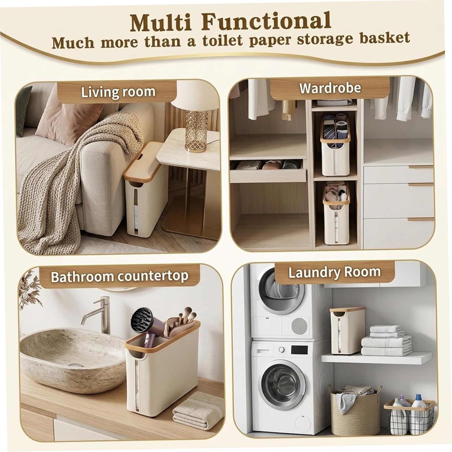 Toilet Paper Organizer Toilet Paper Storage, Stackable 12-Roll Bathroom Tissue Basket with Bamboo Lid, Space-Saving White Storage for Organized Home