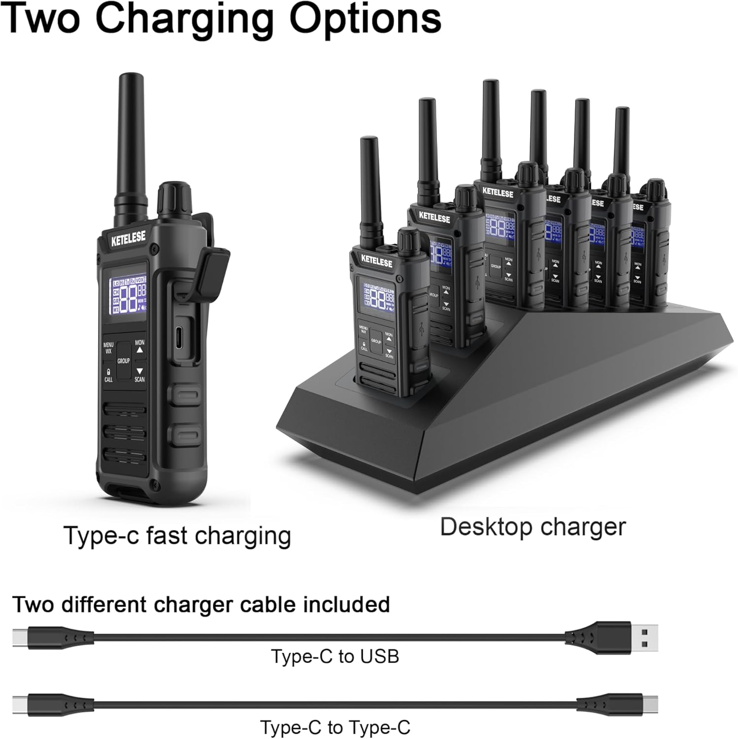 KETELESE T3G Heavy Duty Walkie Talkies, IP67 Waterproof Two Way Radio with Earpiece, Triple Proof, Three Charging Options, USB, NOAA, Emergency GMRS 2 Way radios(6 Pack), Black/Grey
