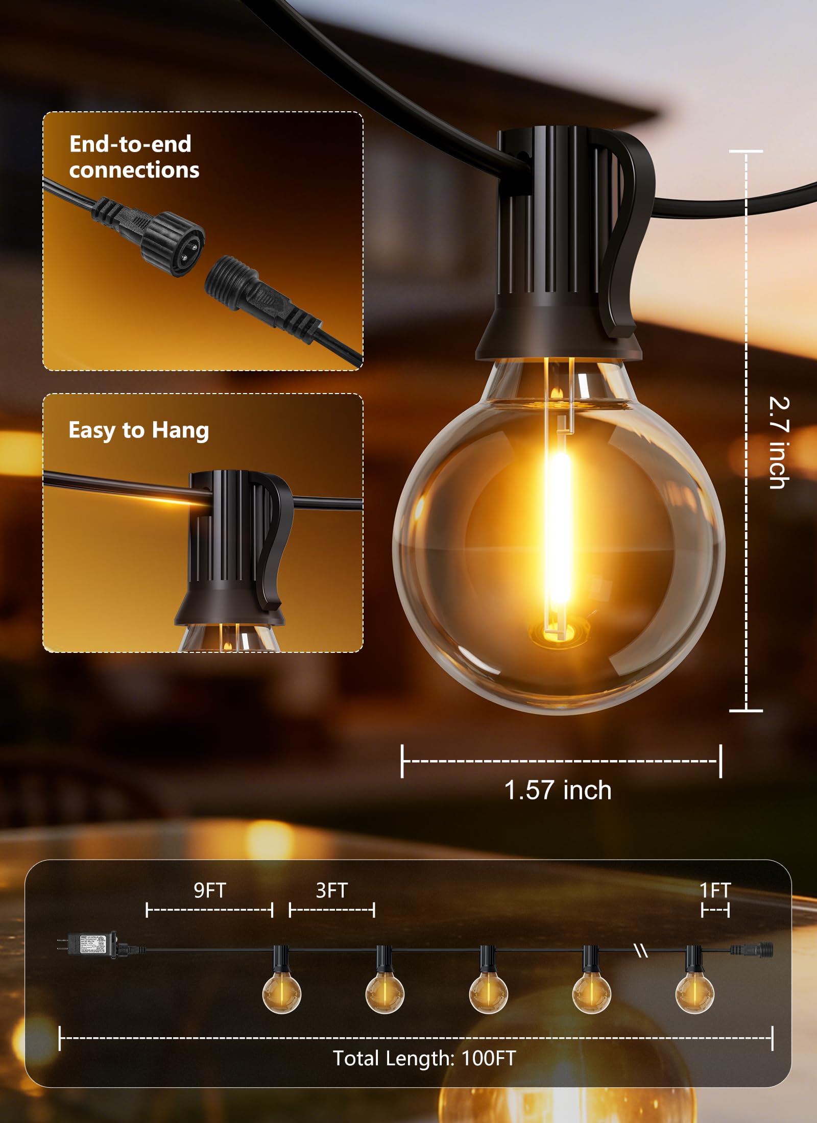Outdoor String Lights with Remote, 100Ft Outside Waterproof Light with Dimmable G40 LED Bulbs, Shatterproof Connectable Hanging Patio Lights for Porch, Backyard, Bistro, Deck, Balcony, Home Decor — view 8