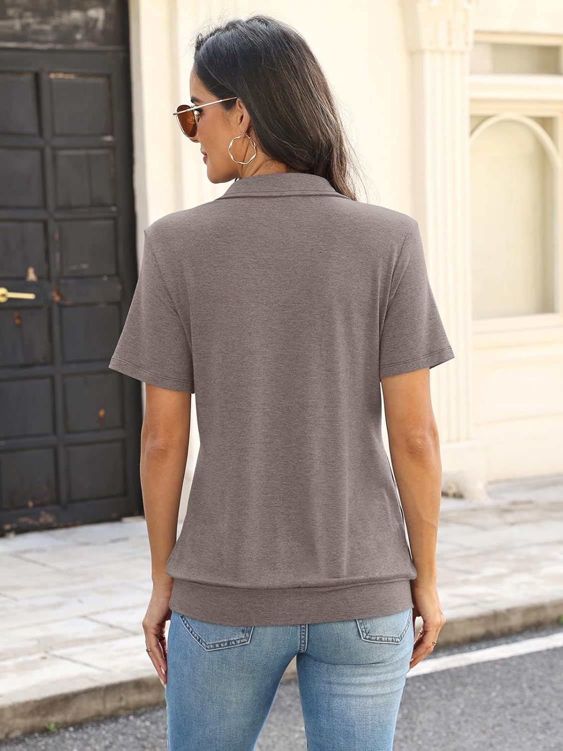 Womens Polo Shirts Short Sleeve Banded Bottom Tops Business Casual Tops Collared V Neck Dressy Blouses - Image 3