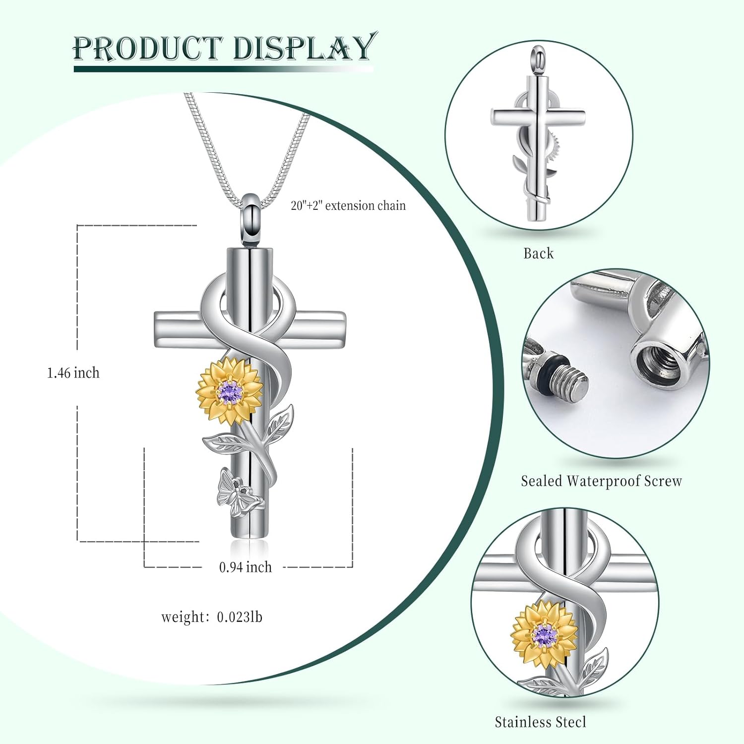 Cross Sunflower Cremation Jewelry Urn Necklaces Cross Urn Pendant Necklaces for Ashes Memorial Keepsake Pendant for Women Men Gifts With Funnel Kit & Bag - Image 2