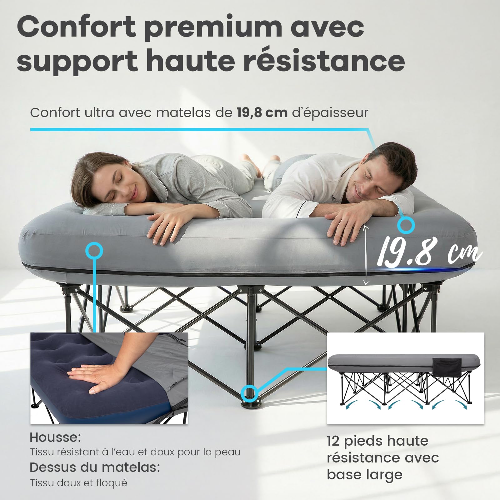 FUNDANGO Lit de camping double avec pompe électrique, matelas gonflable avec housse amovible et lavable, cadre pliable, porte-gobelet, sac de transport pour adultes, tente, invités (200 cm x 150 cm)