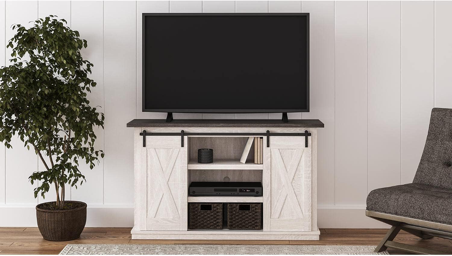 Signature Design by Ashley Dorrinson Farmhouse TV Stand Fits TVs up to 50" with Sliding Barn Doors and Storage Shelves, Whitewash & Gray