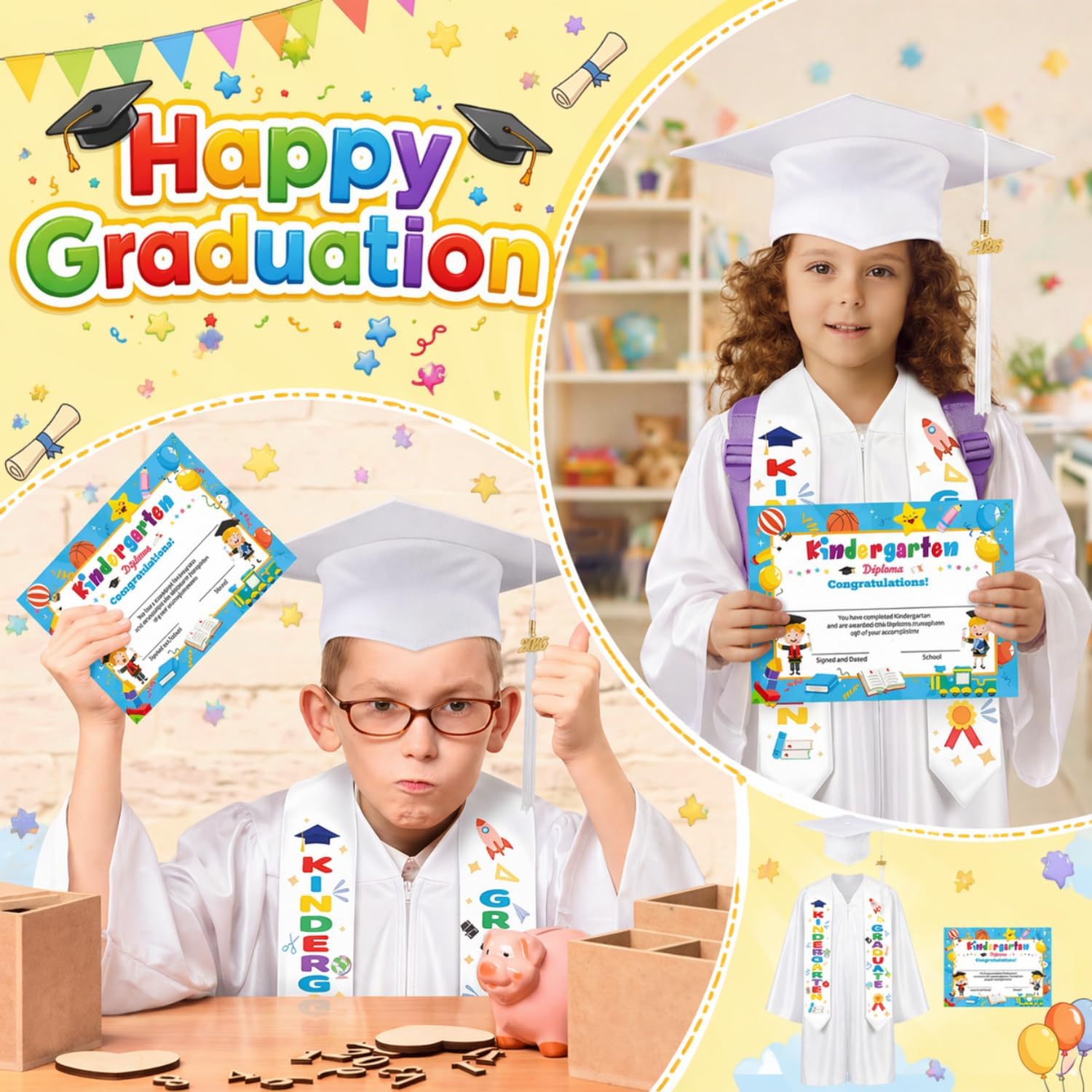 Eurzom 6 Set Kindergarten Graduation Cap and Gown Set, Preschool Graduation Outfit with 2026 Tassels, Certificates and Sashes