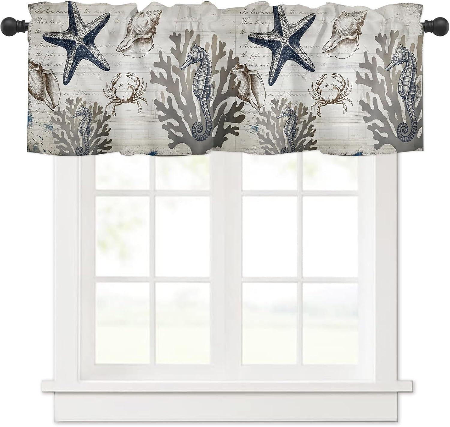 Grey Starfish Coastal Curtain Valance 42" x 12", Window Valances Rod Pocket Curtains Drapes, Nautical Crab Conch Coral Ocean Vintage Short Topper Curtain for Kitchen Cafe Living Room, 1 Panel