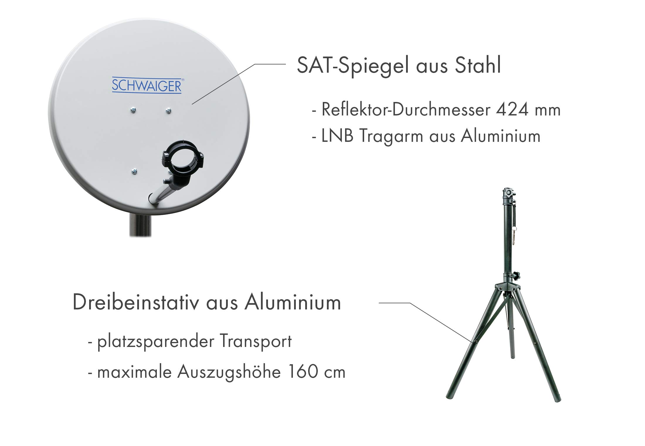 SCHWAIGER TVSET3 SAT Camping Set inkl. TV 24 Zoll HD+ Satellitenschüssel Single LNB Koaxialkabel 10m Dreibeinstativ SAT-Finder Stahl-Antenne 42x42cm
