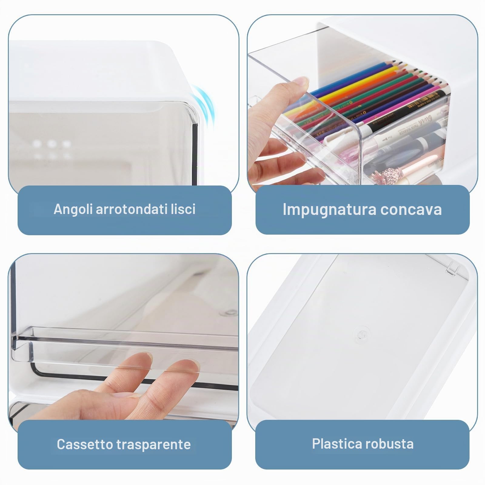 4 cassettiera in plastica impilabile con 3 cassetti e etichette, traslucida cassettiera in plastica da scrivania, organizer per trucchi, grande capacità