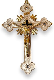 cross for catholic service Cross for marriage, cross for marriage wall crucifix, enameled crucifix, white and gold crucifix, hand cross, wall crucifix, enameled crucifix (White)