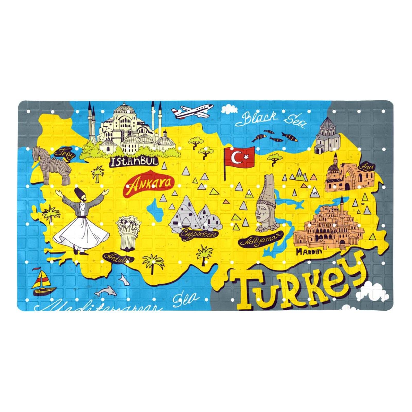 Tapis de bain pour s'asseoir antidérapant avec ventouses et carte de la Turquie