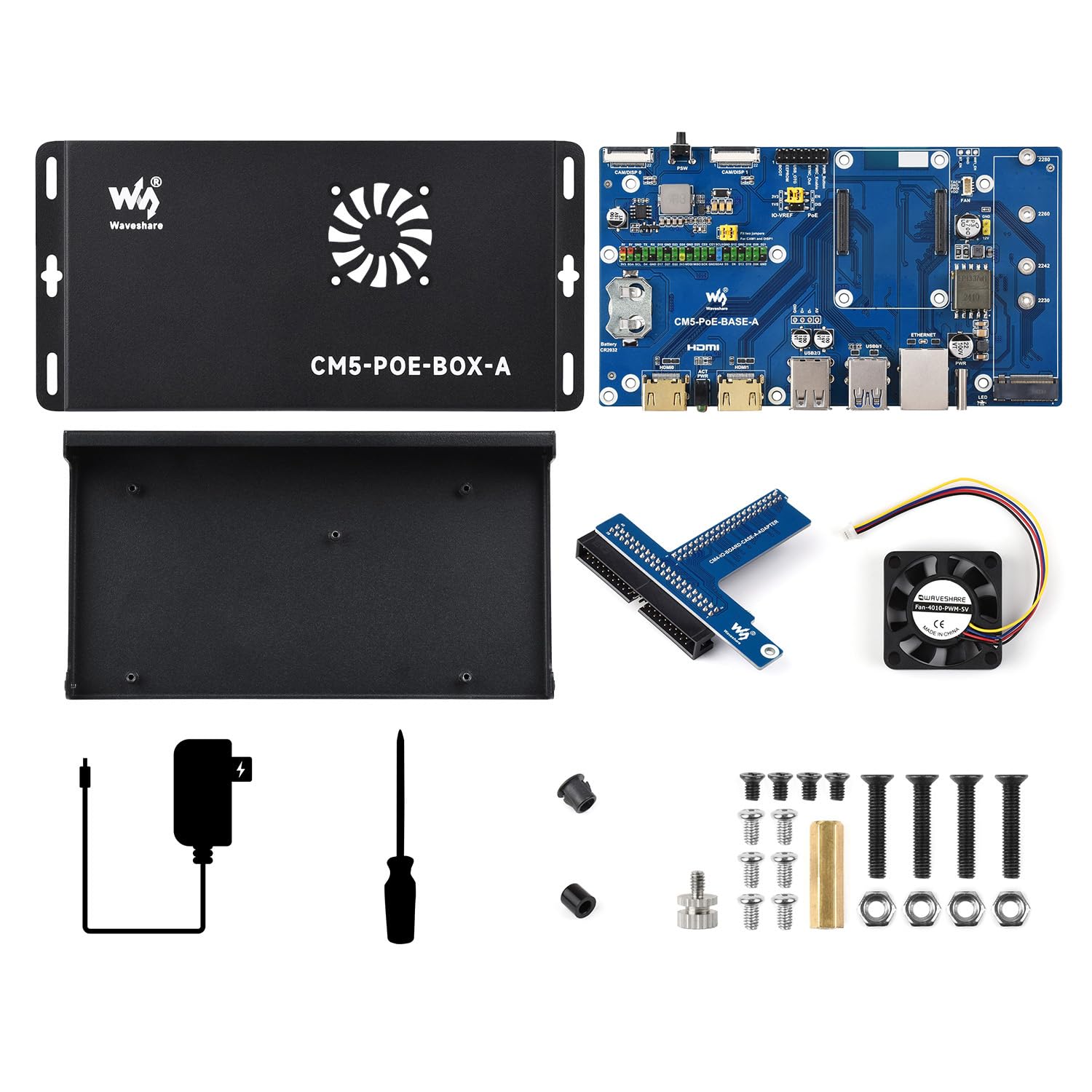 Waveshare Compute Module 5 IO Board, Compatible with All Variants of Raspberry Pi CM5, with PoE Feature, Bundle with PoE Base Board + Case + Power Supply Adapter