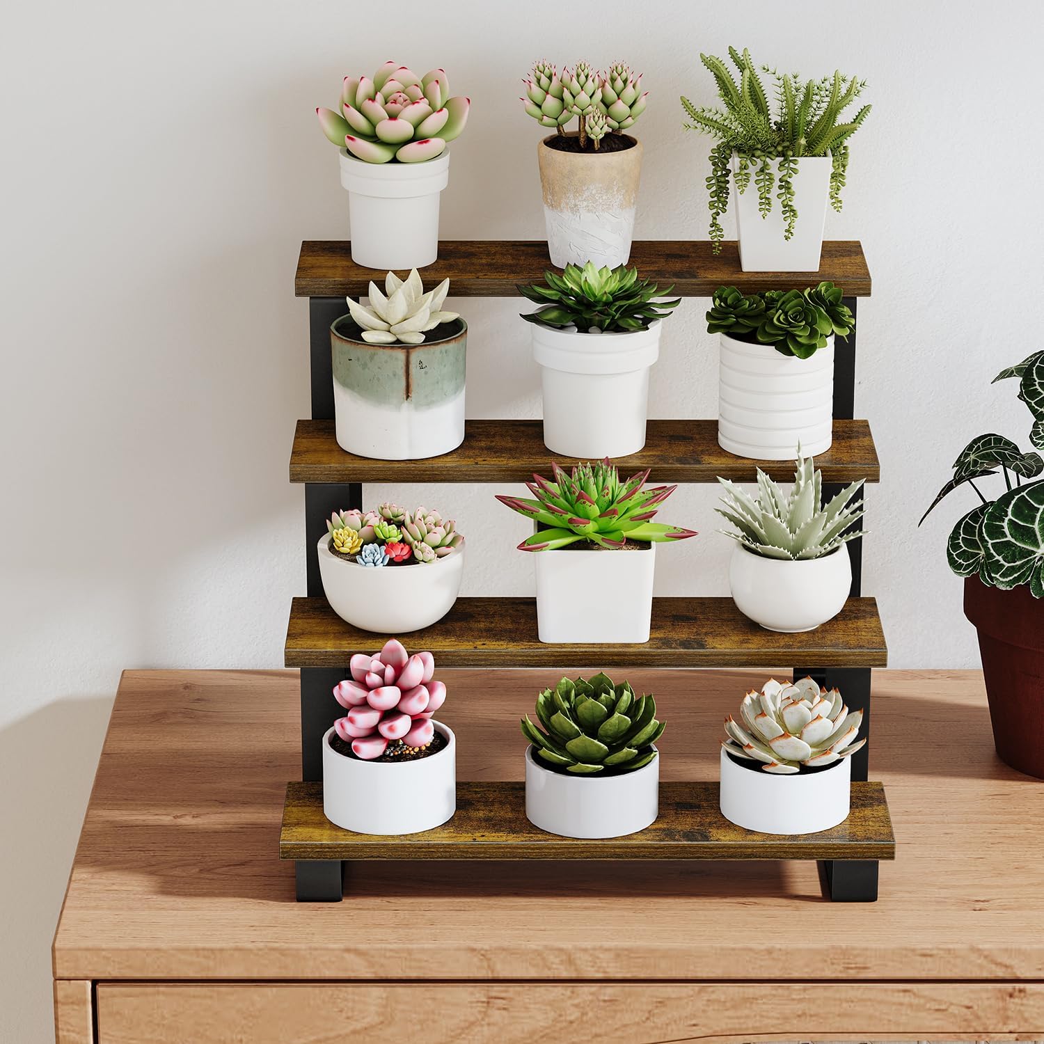 YINMIT Wooden Display Riser Stand,15.75 Inch Tiered Perfume and Cologne Organizer Stand, 4 Tier Spice Rack Organizer, Rustic Display Shelf for Cupcake, Figures, Candles (4 Tier Brown, 15.75 In)