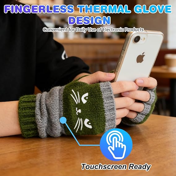 Womens Knitted Fingerless Gloves with Cat Embroidery,Thick Warm Winter Gloves,Essential for winter travel