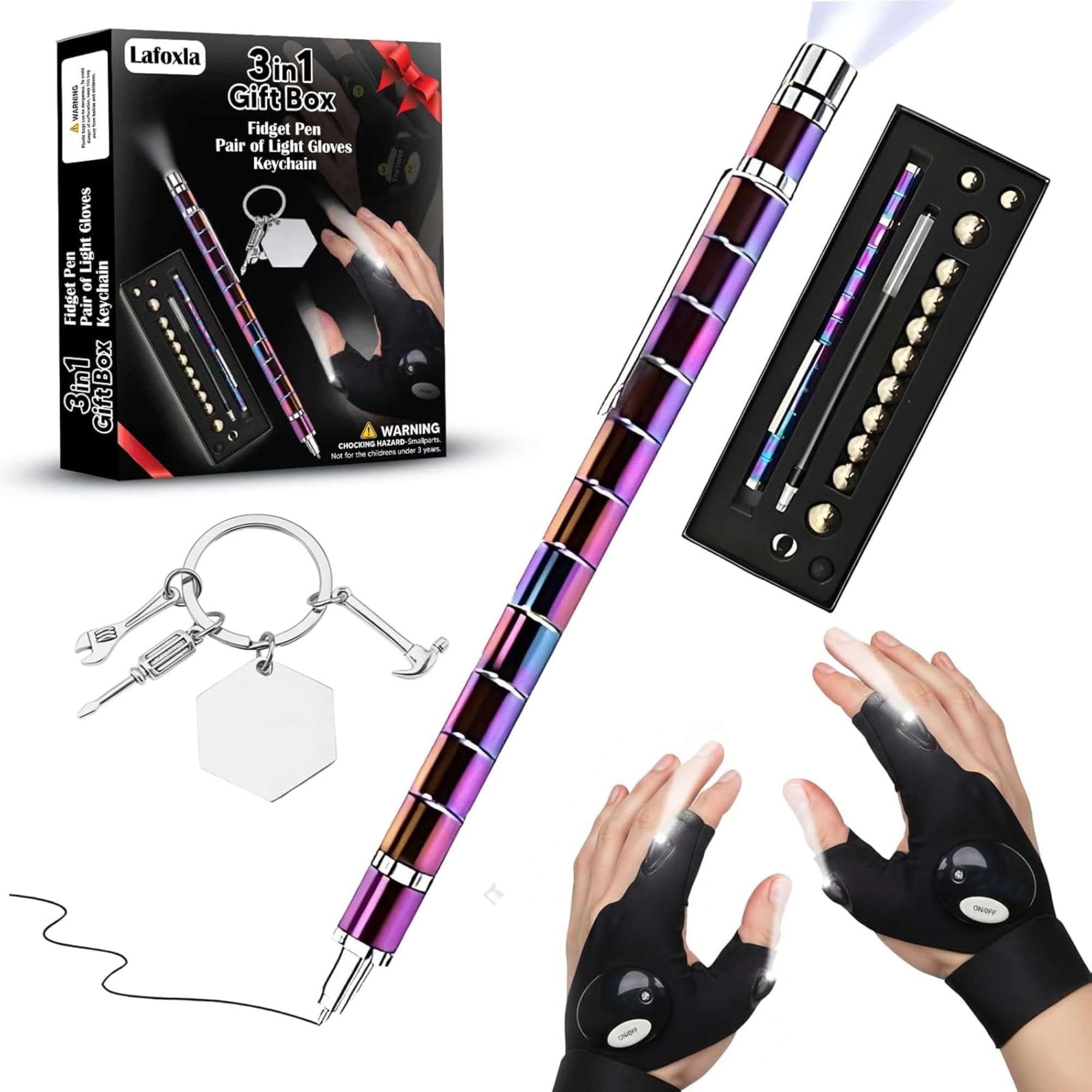 3 in 1 Gift Set for Men – Magnetic Fidget Pen, LED Light Gloves & Keychain – Unique Easter, Birthday for Dad, Boyfriend, Teens & Adults