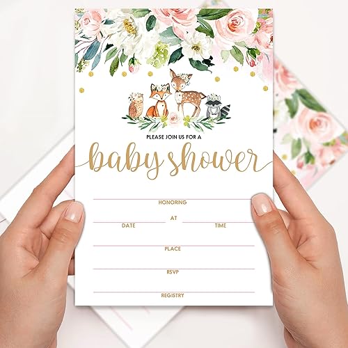 Miniatura 3 de Invitaciones de baby shower, animales de madera florales rellenan tarjetas de invitaciones con sobres, ciervos búho zorro, juego de 25.