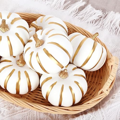Miniatura 5 de Whaline Calabazas artificiales blancas a granel con bordes dorados, calabazas de espuma falsas de cosecha de otoño para otoño, Halloween, Acción de