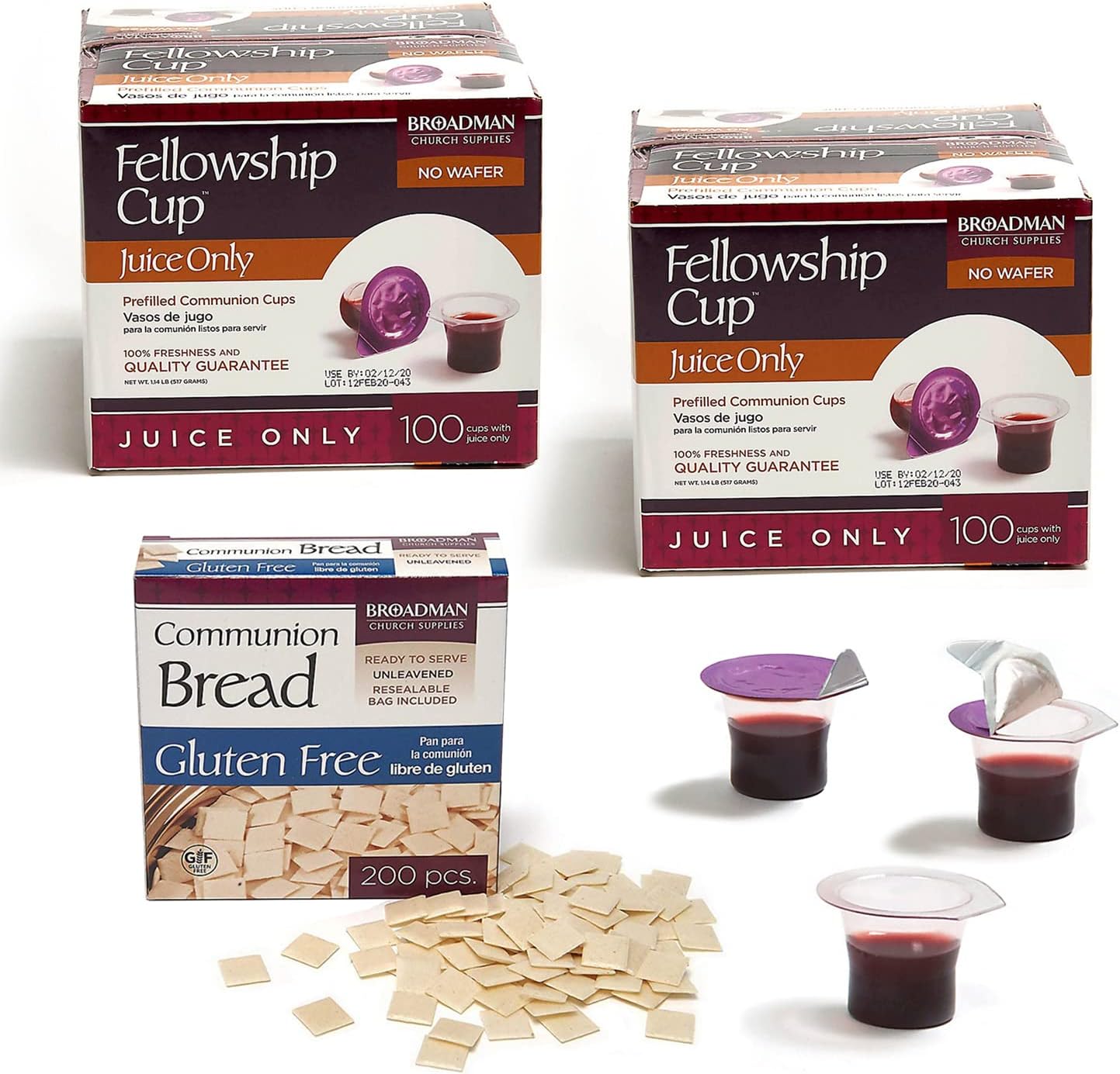 BROADMAN CHURCH SUPPLIES Pre-filled Communion Fellowship Cup, Juice Only, 200 Count and Gluten Free Bread, 200 Count Value Bundle