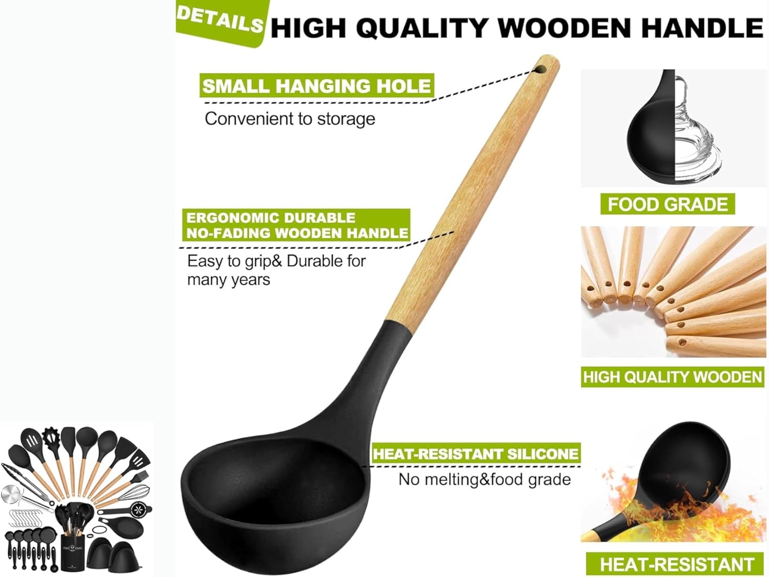 36 pcs Silicone Kitchen Cooking Utensils with Holder, Heat Resistant Cooking Sets Wooden Handle, Nonstick Kitchen Gadgets Tools Include Spatula Spoons Turner Pizza Cutter(Black) for Gift, K Trends