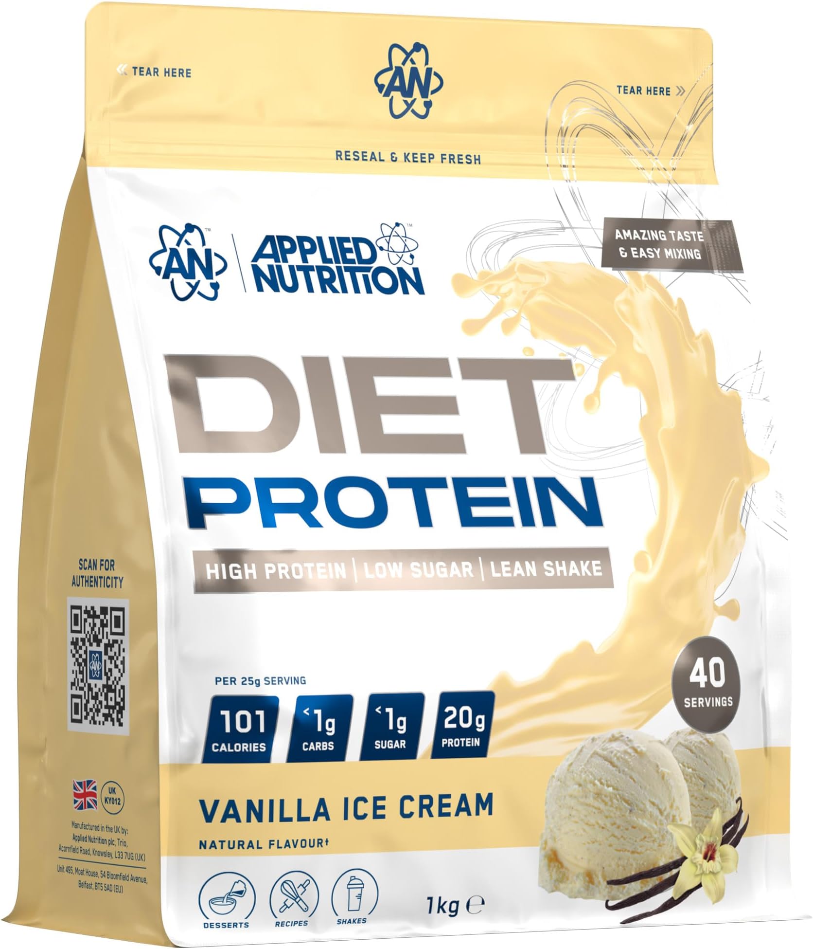 Applied Nutrition Diet Whey - High Protein Powder Supplement, Low Carb & Sugar, for Weight Management with CLA, L Carnitine, Green Tea (1kg - 40 Servings) (Vanilla Ice Cream)