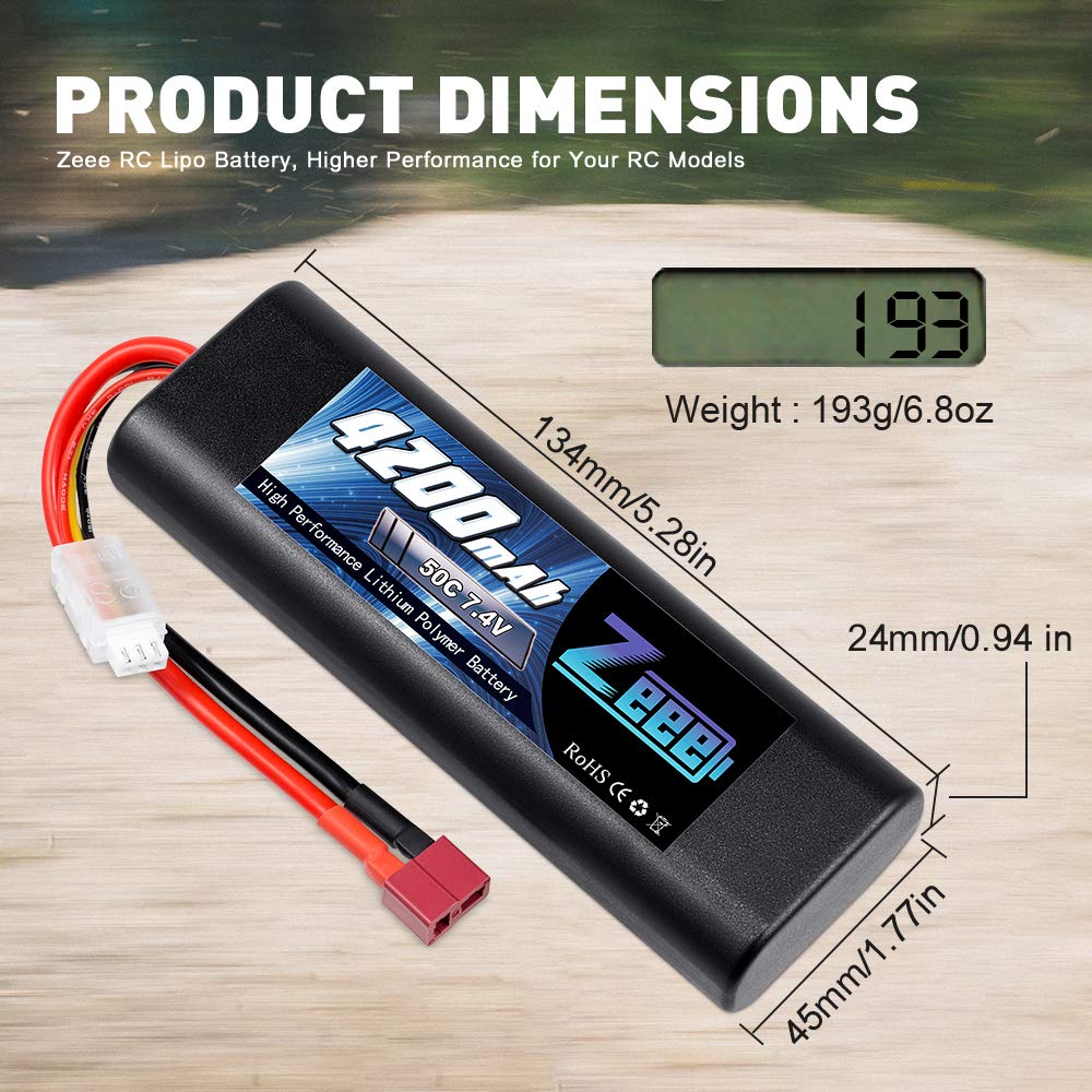 Zeee 2S Lipo Batteria 7.4V 50C 4200mAh Batteria RC con Deans T Plug per RC Auto RC Camion RC Hobby (2 pezzi)