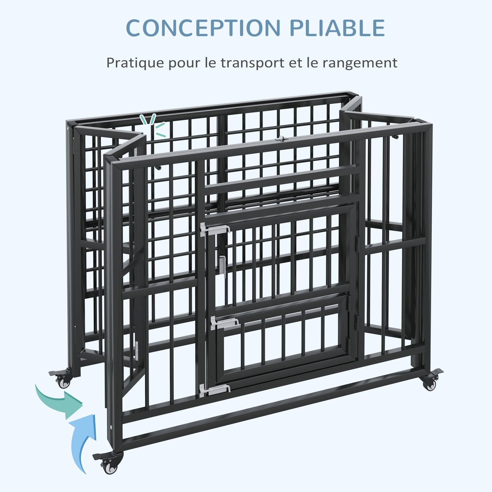PawHut Cage pour Chien sur roulettes Cage de Transport Pliable en Acier pour Chiens de Taille Grande et Moyenne 2 Portes verrouillables Plateau Amovible 94 x 58 x 78 cm Noir