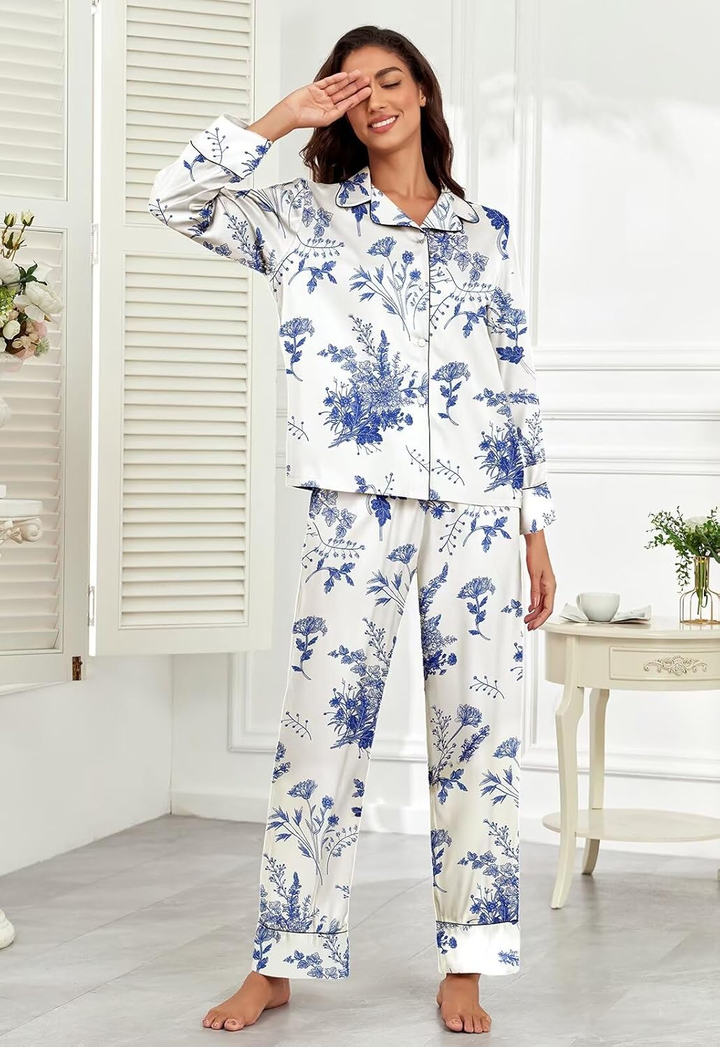 Brosloth Womens Silky Pajamas Floral Print Satin Pajama Set Long Sleeve Button Up Soft Sleepwear Cute Pj Sets - Image 3